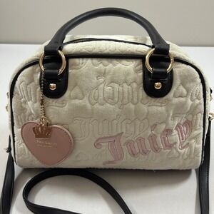 Juicy Couture‎ Vintage Dreams Satchel Hand Bag  Cream Black Velour Embossed Logo